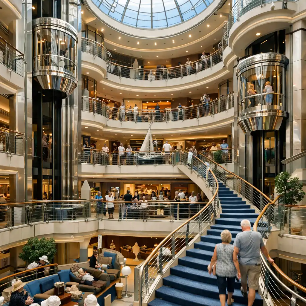 Przestronne atrium statku wycieczkowego z windami i schodami