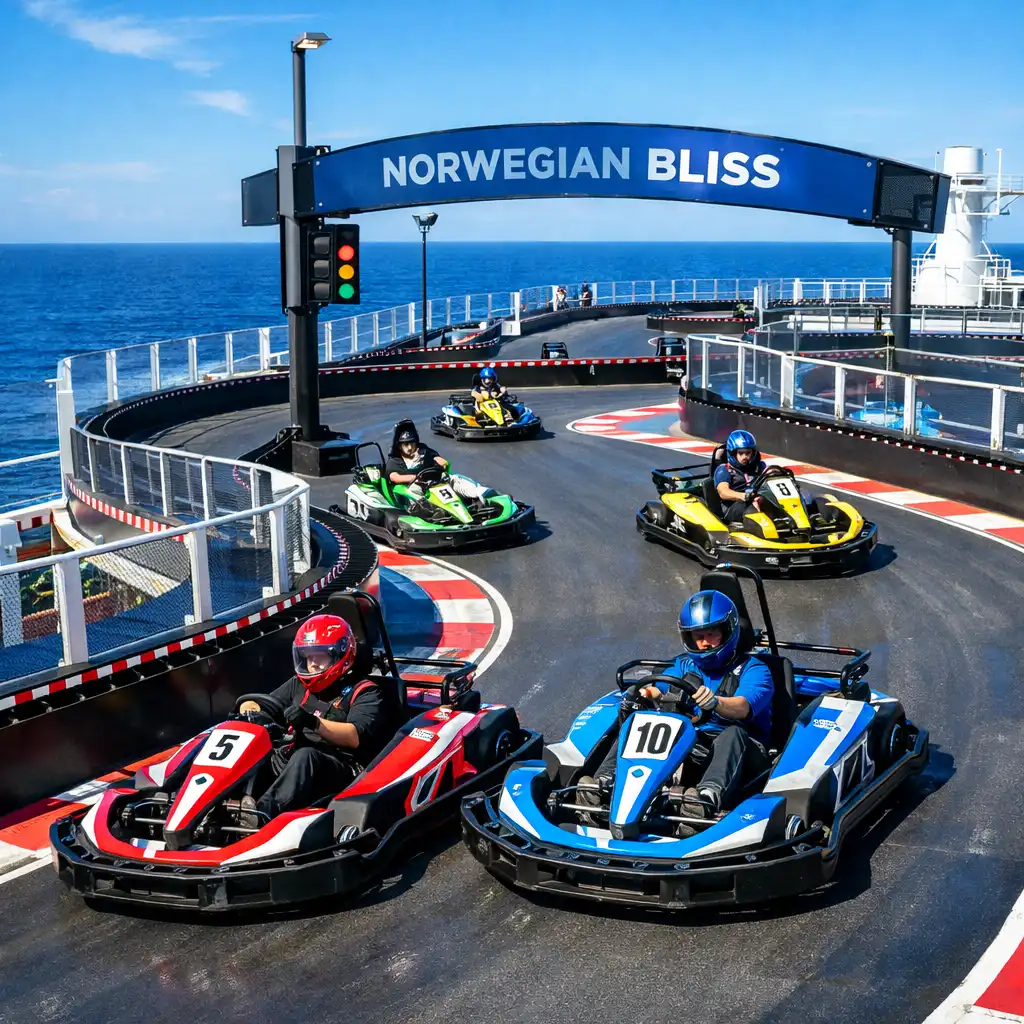 Tor gokartowy na górnym pokładzie Norwegian Bliss z widokiem na ocean