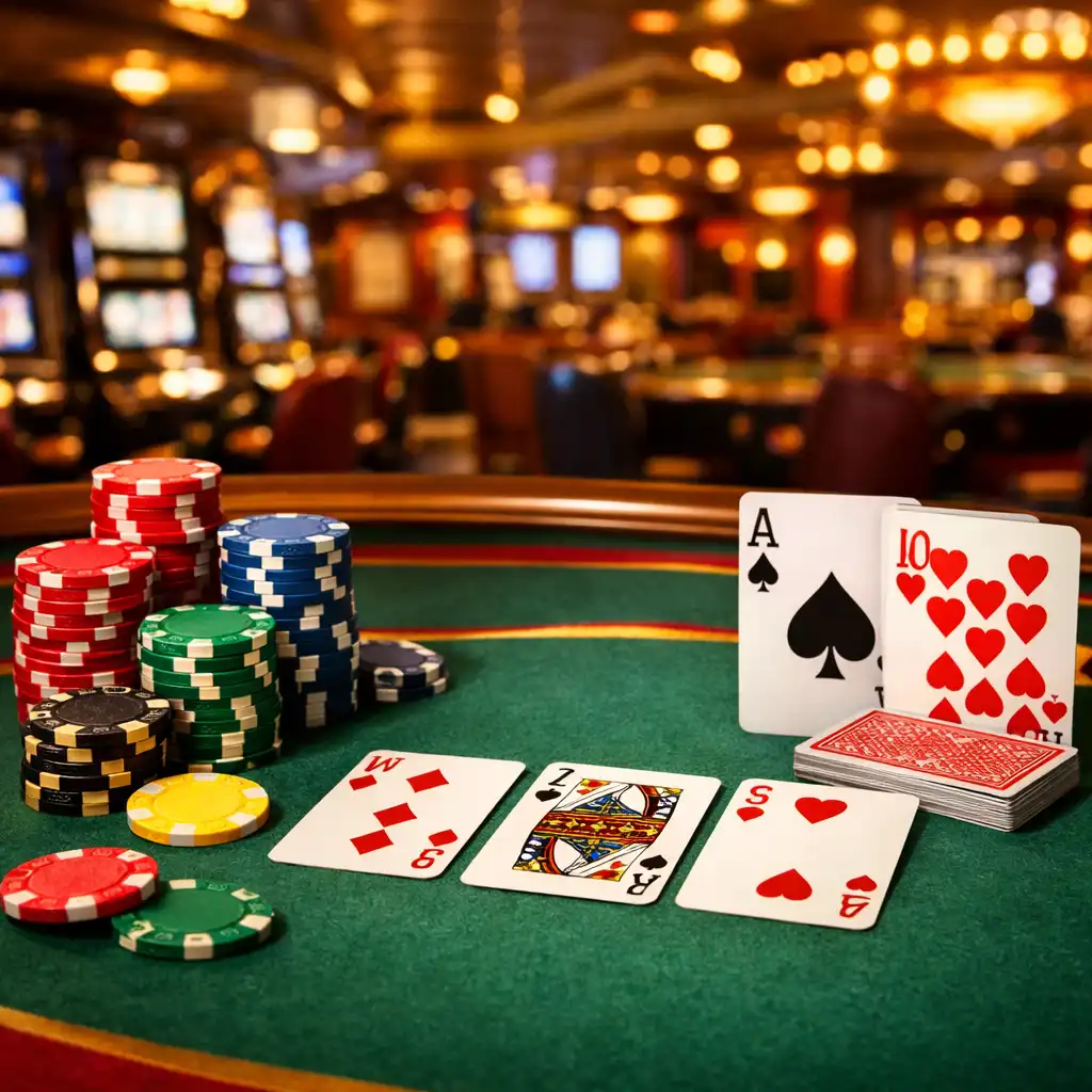 Stół pokerowy na statku z żetonami i kartami