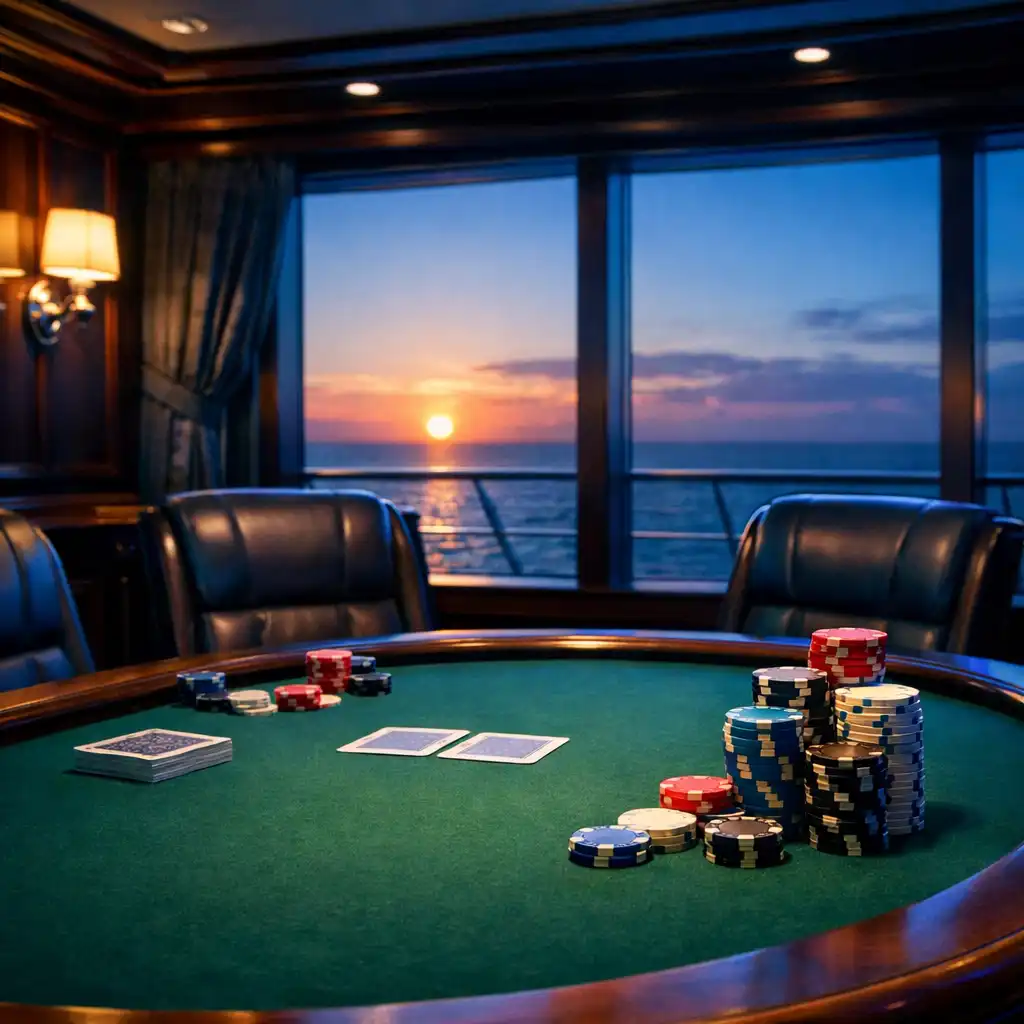 Elegancki poker room na statku wycieczkowym z zielonym stołem, skórzanymi krzesłami i widokiem na ocean o zachodzie słońca