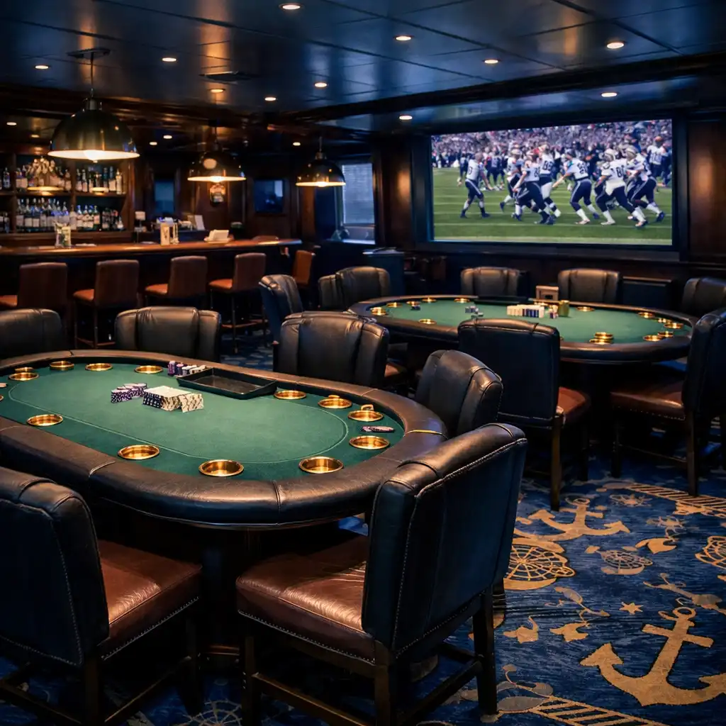 Wnętrze poker roomu na statku wycieczkowym z kilkoma stołami do pokera, barem i ekranem sportowym