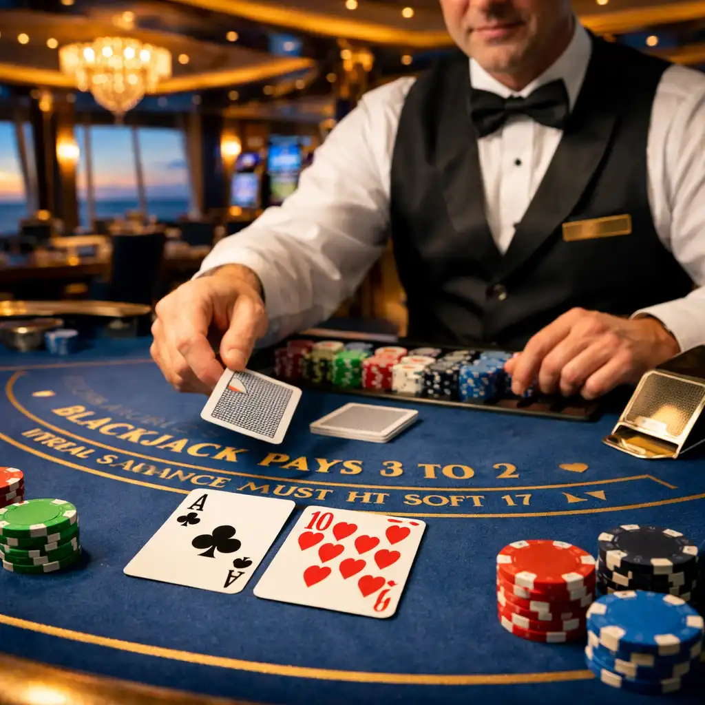 Stół do blackjacka na statku z kartami i żetonami oraz krupierem