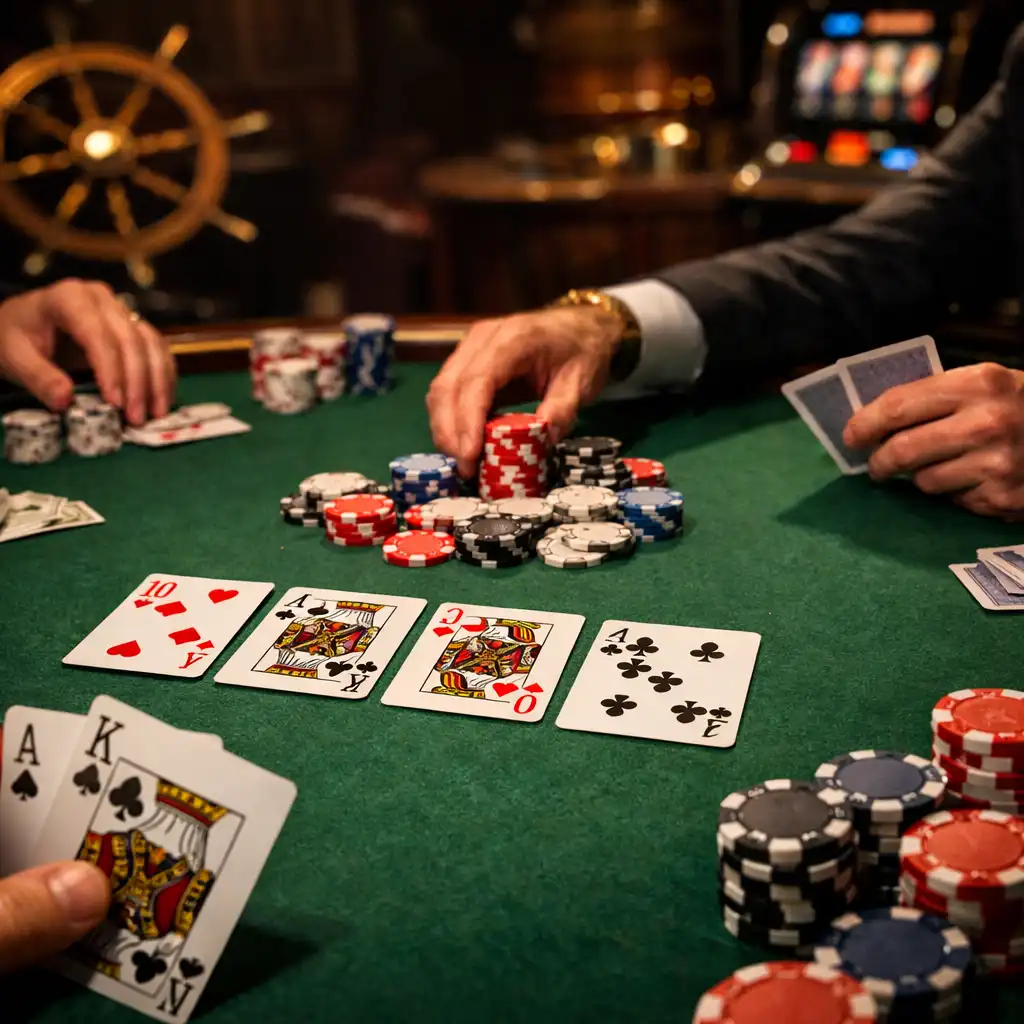 Zbliżenie na stół pokerowy na statku z kartami i żetonami