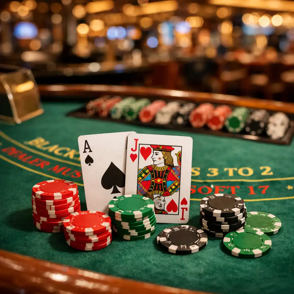 Close-up of a blackjack table on a cruise ship with green felt, cards, and chips
