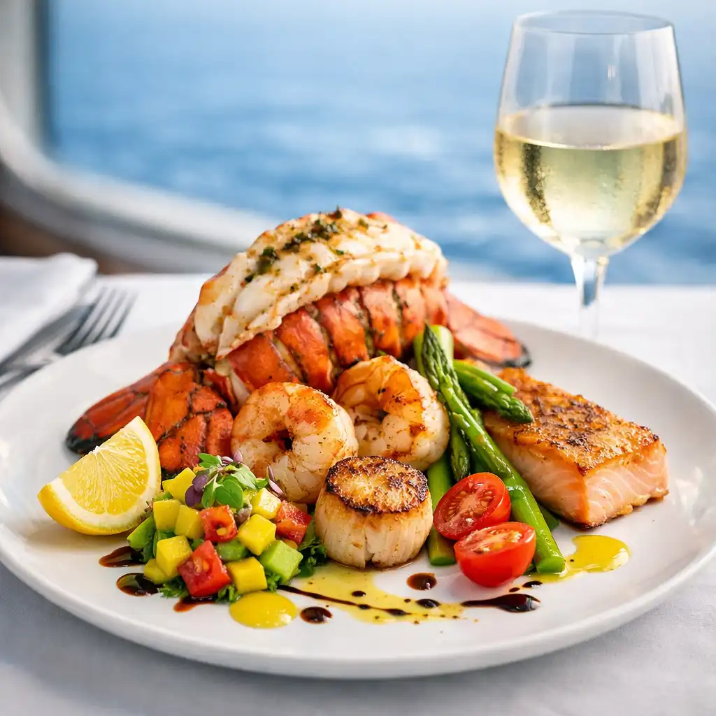 Beautifully plated seafood dish with a glass of white wine on a cruise ship table