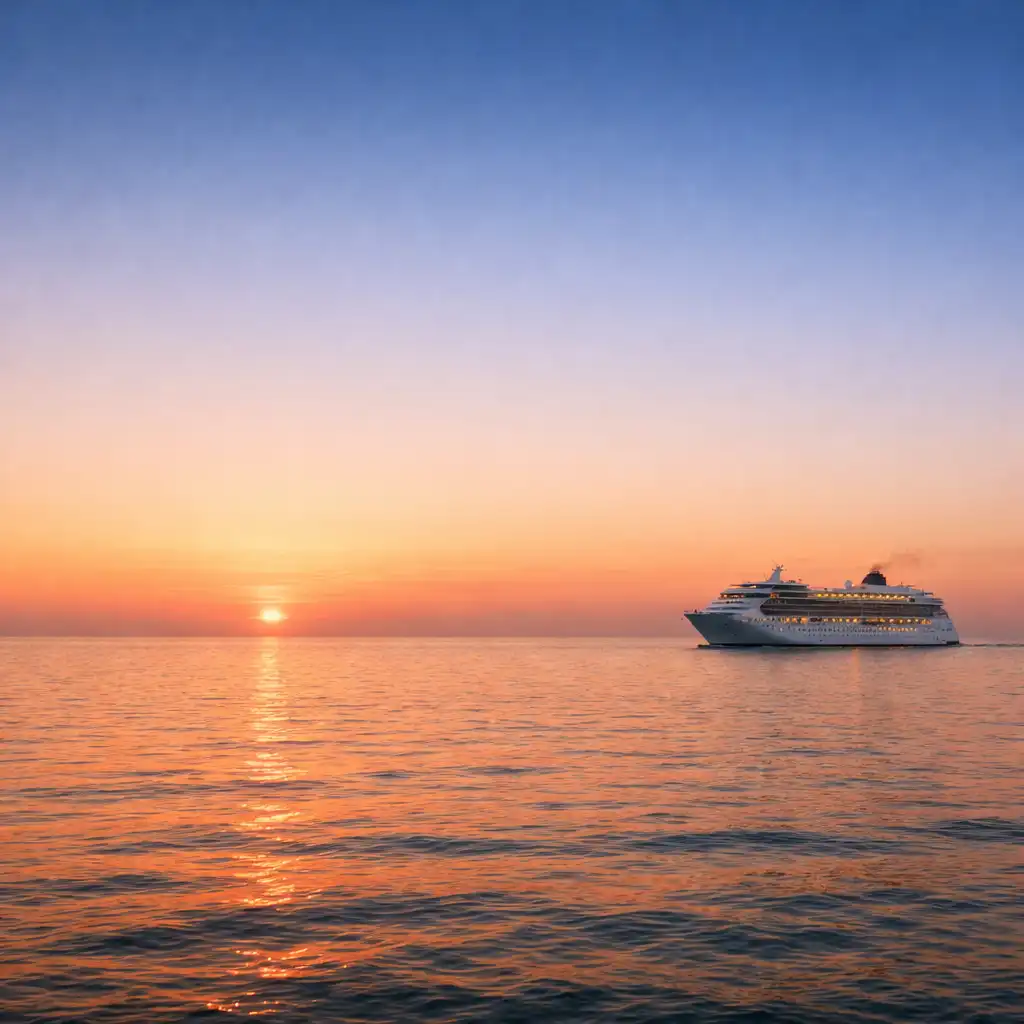 Ocean horizon at sunset with a cruise ship in the distance
