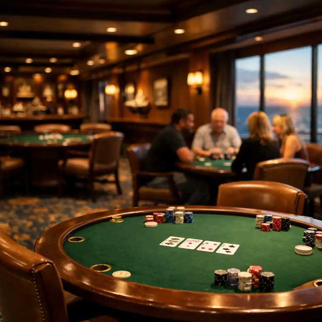 Interior of a cruise ship poker room with several round green felt tables, comfortable chairs, warm wood tones, and large windows showing the ocean